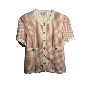 santa fe womens blazer size 12 pink white gold button up short sleeve